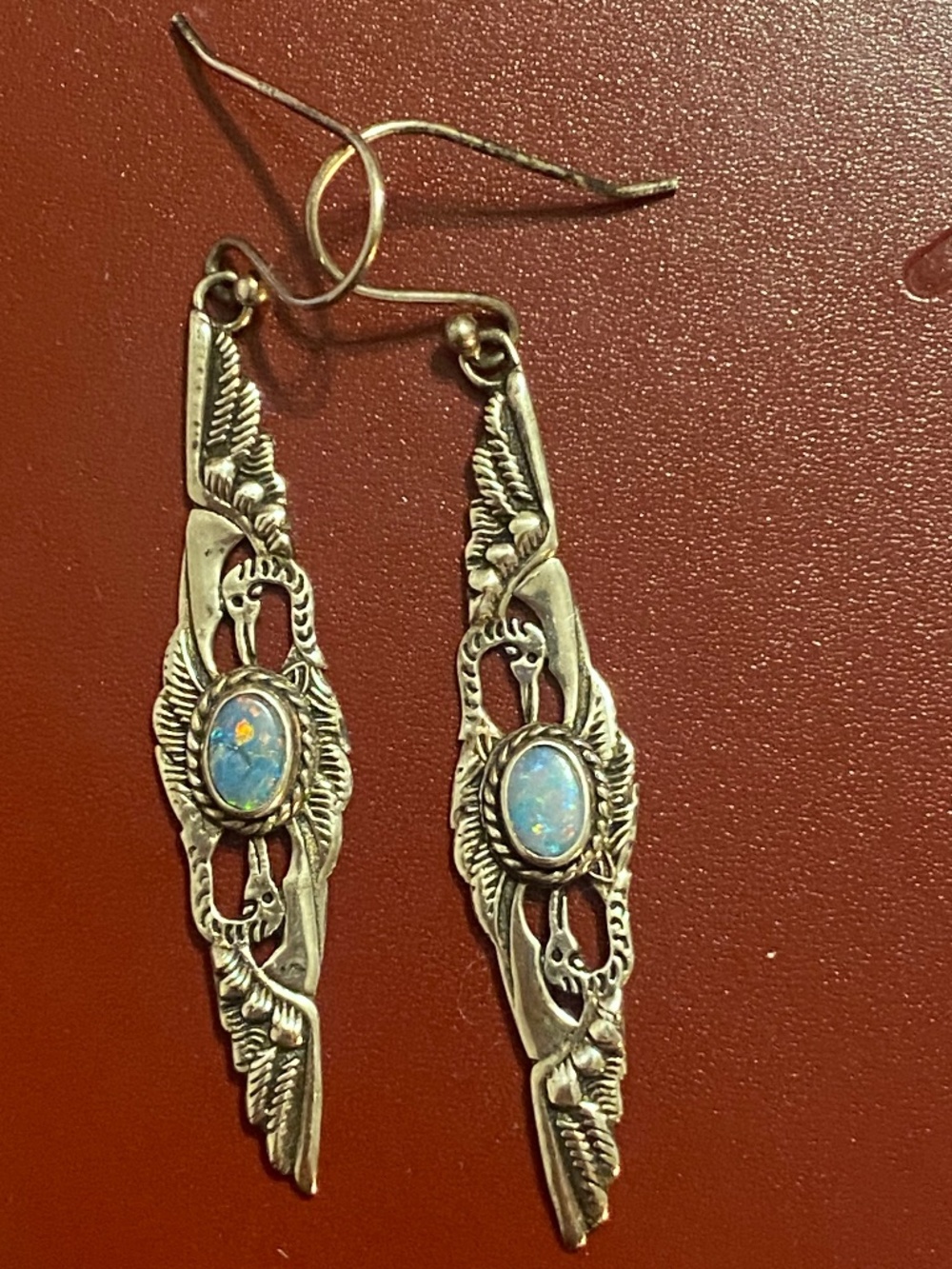 Vintage sterling silver 925 Opal dangle earring with double crane design